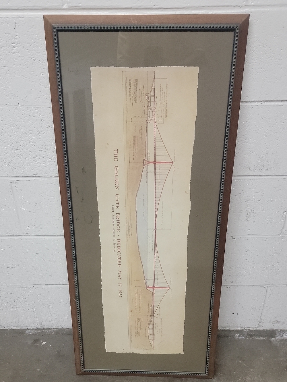Framed Golden Gate Bridge Architectural Print -Original  Brown Frame, Gray Mat